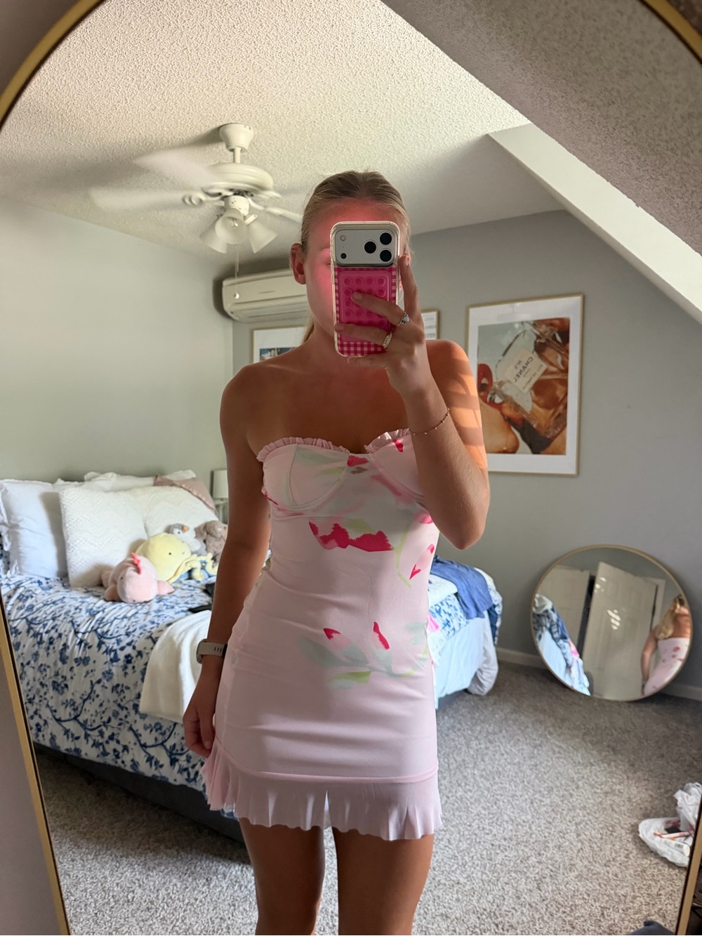 SHEIN Pink Strapless Floral Ruffle Mini Dress